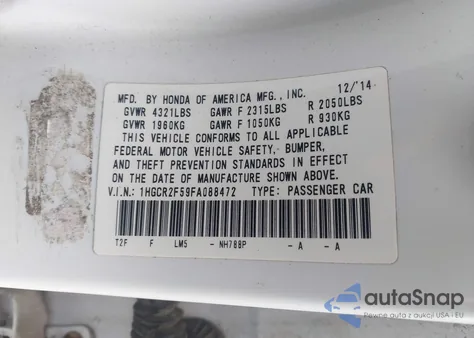 2015 Honda Accord Sport z USA, uszkodzony, nr VIN 1HGCR2F59FA088472